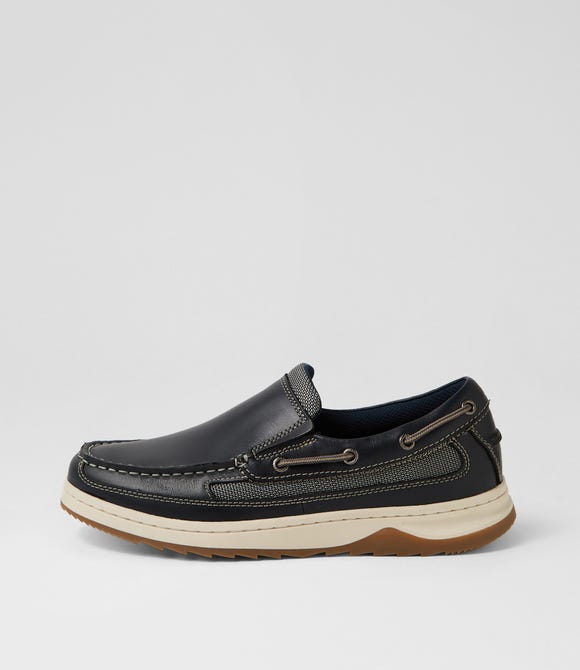 Gully Navy Pull Up Leather Flat Shoes